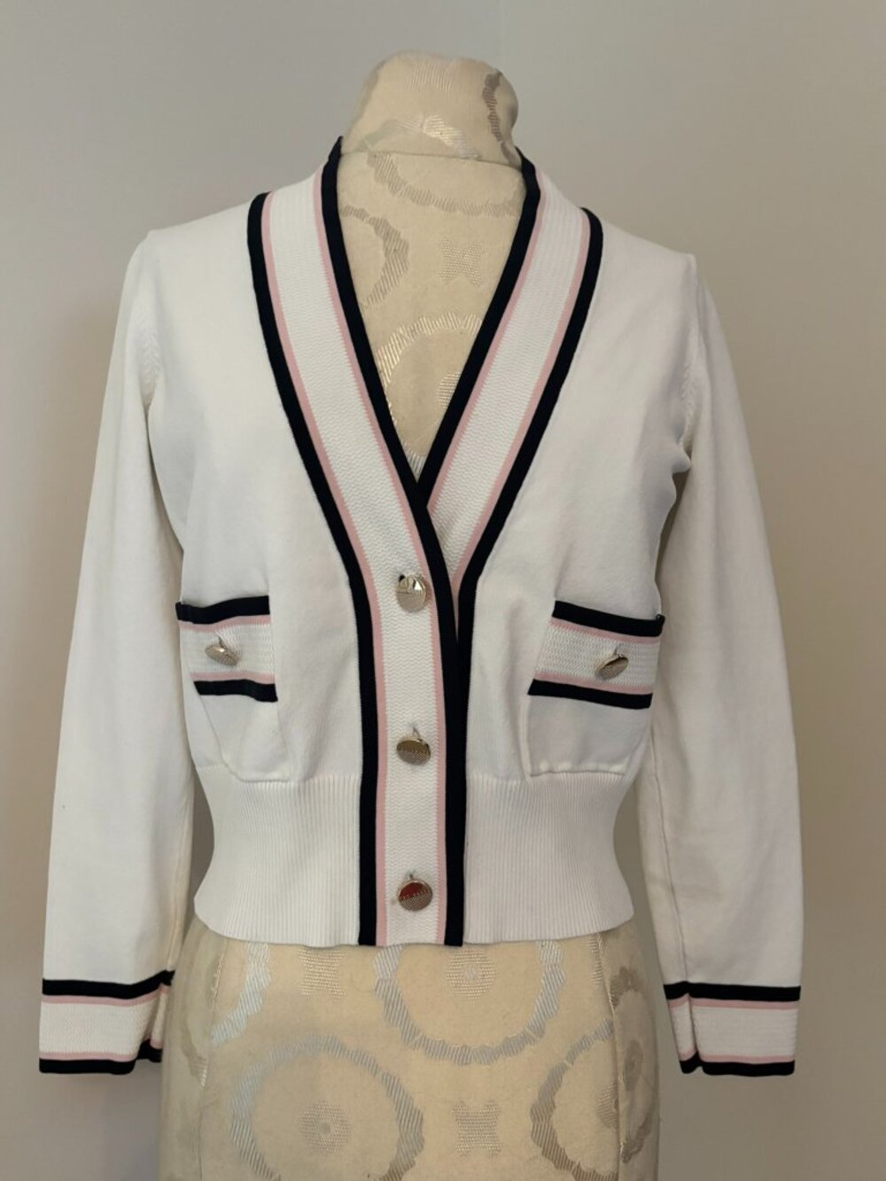 NEW! Ted Baker London Skilarr Striped-Trim Cardigan Sweater 2/M Nautical Preppy